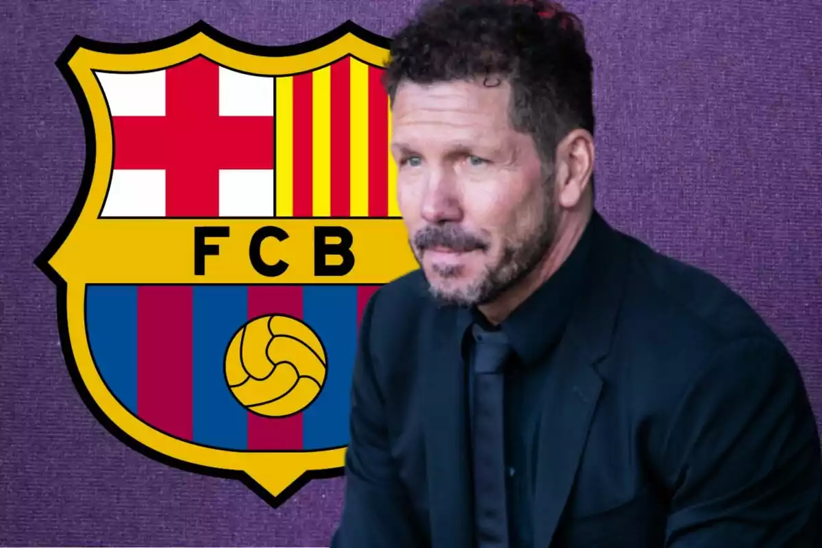 A man in a dark suit is standing in front of an FC Barcelona crest against a purple background.