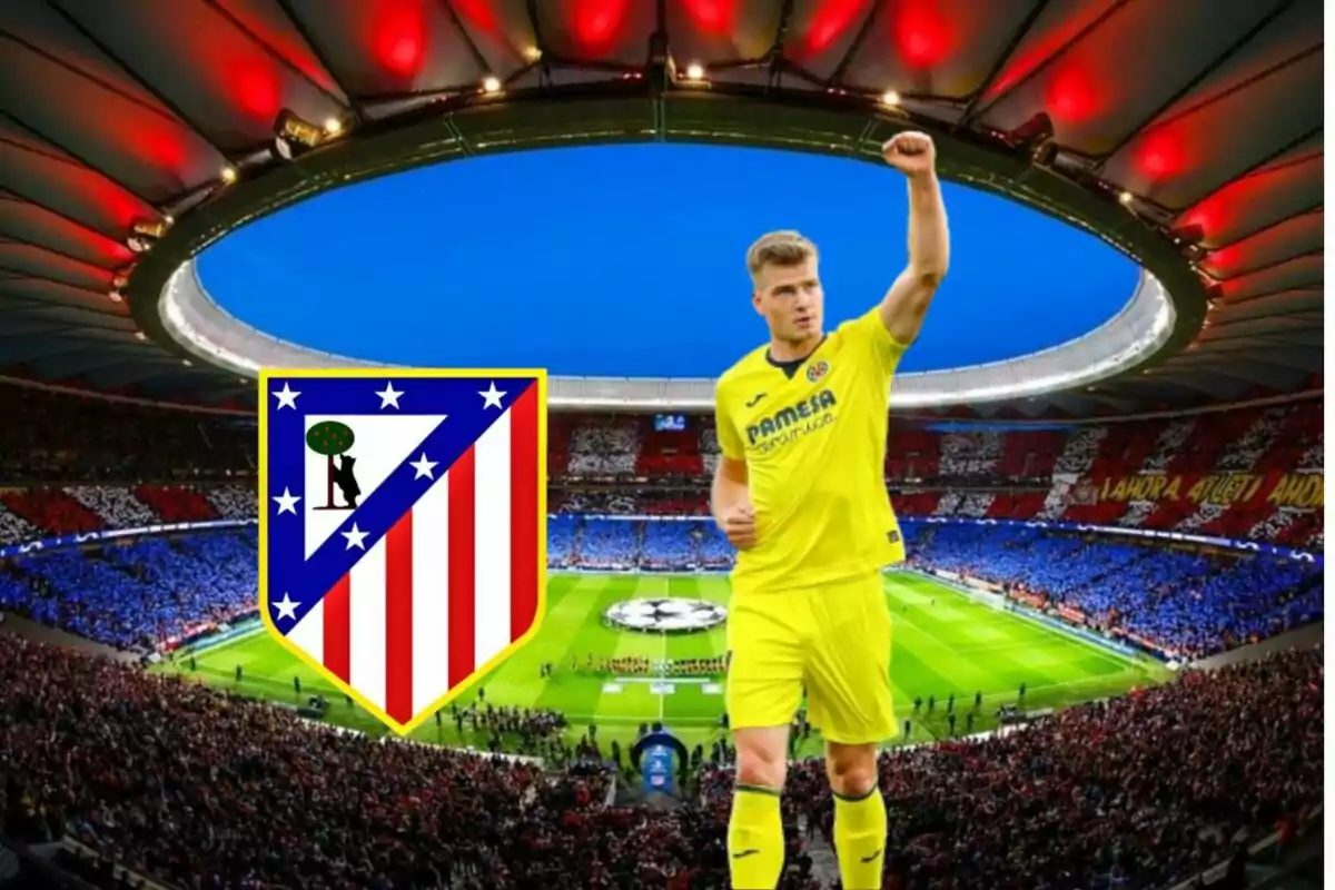 Un jugador de fútbol con uniforme amarillo del Villarreal CF levanta el puño en un estadio lleno de aficionados, con el escudo del Atlético de Madrid superpuesto en la imagen.