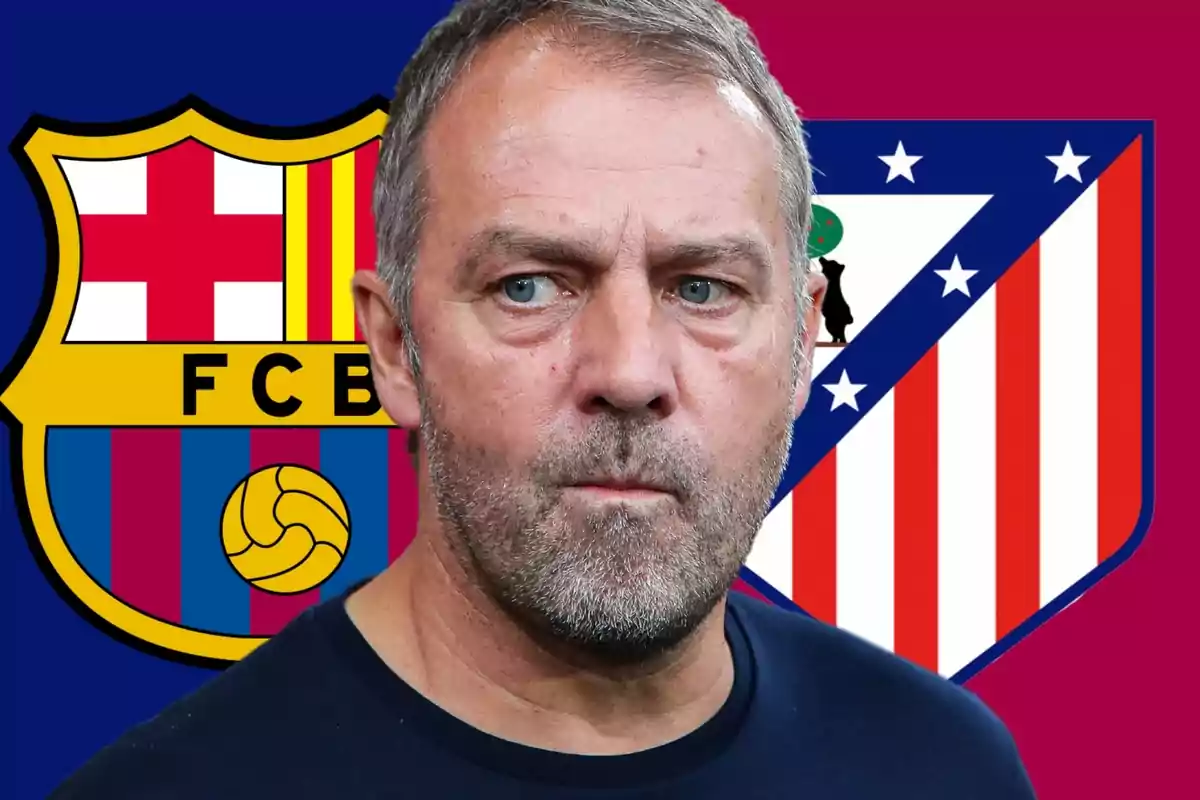 A man with a serious expression in front of the FC Barcelona and Atlético de Madrid shields.