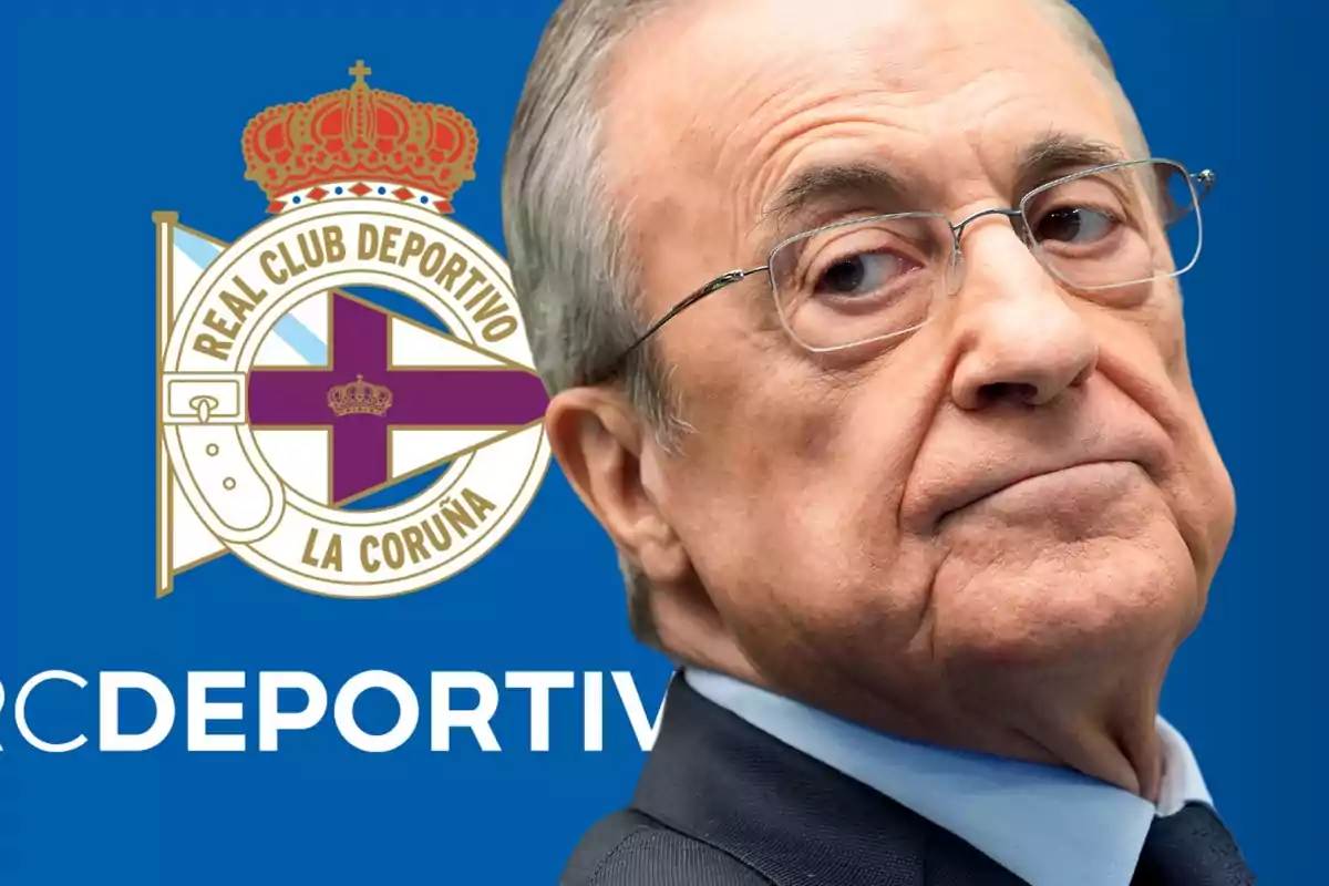 Hombre con gafas y expresión seria frente al escudo del Real Club Deportivo de La Coruña sobre un fondo azul.