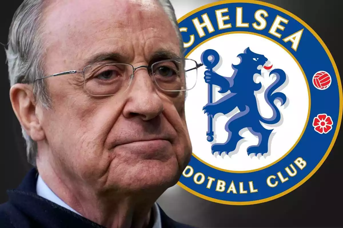 Montaje Florentino Pérez con escudo del Chelsea