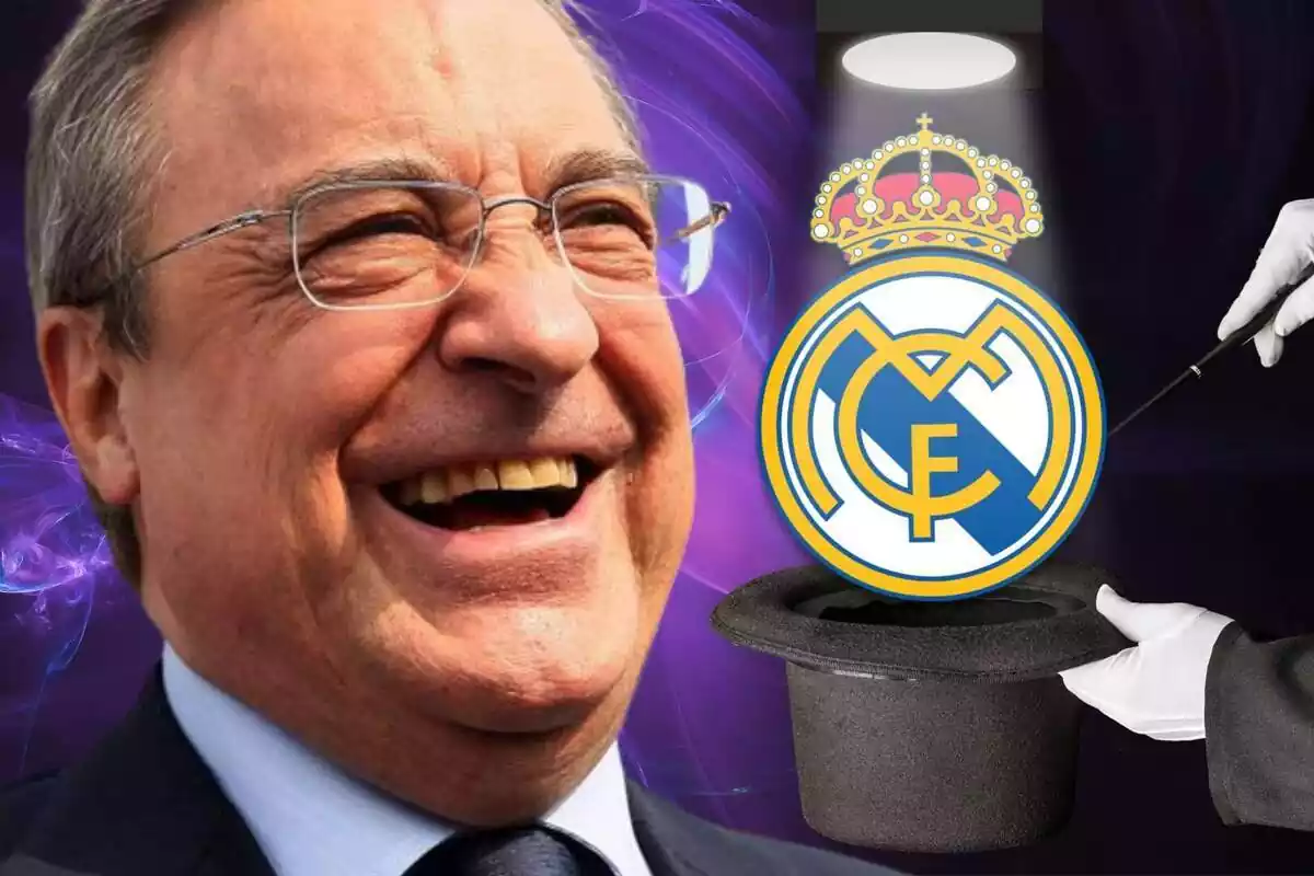 Florentino Pérez sonriendo al lado de una chistera y el escudo del Real Madrid