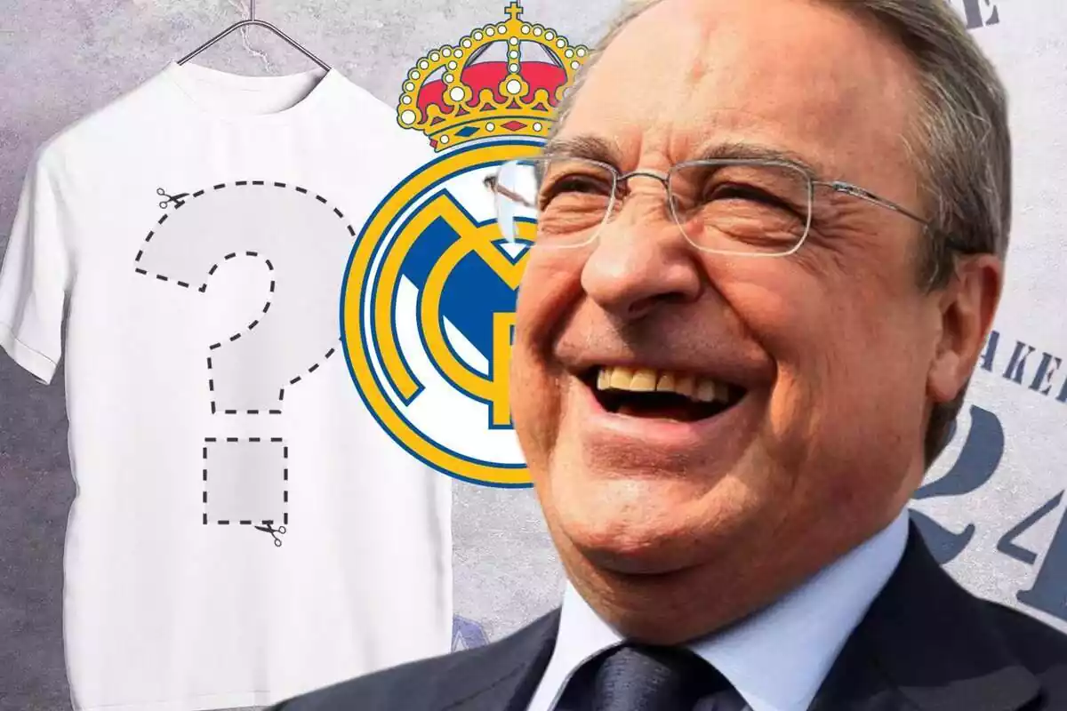 Florentino Pérez, feliz con el escudo del Real Madrid detrás y una camiseta con el signo de interrogación
