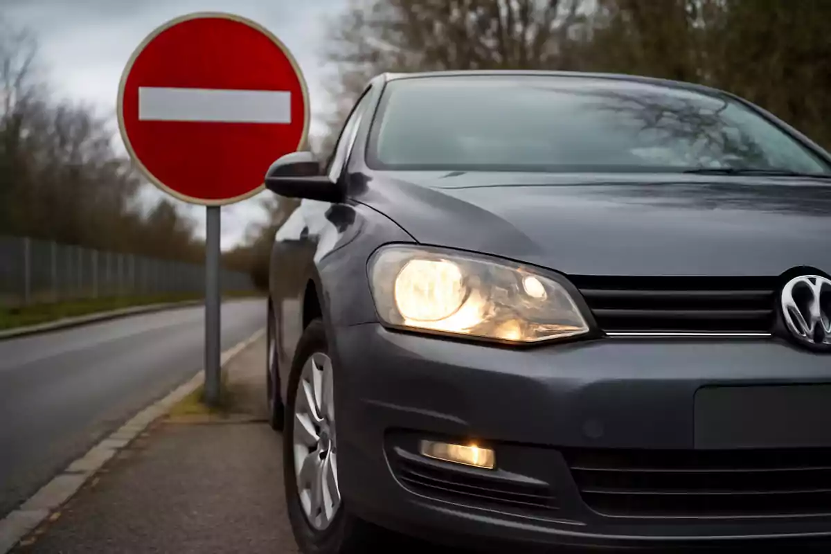 Gray car stopped next to a no entry traffic sign on a road Gray car stopped next to a no entry traffic sign on a road