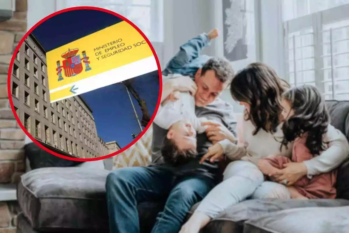 Fotomontaje con una imagen de fondo de una familia con hijos en su casa y una redonda roja con una indicación del Ministerio de Empleo y Seguridad Social