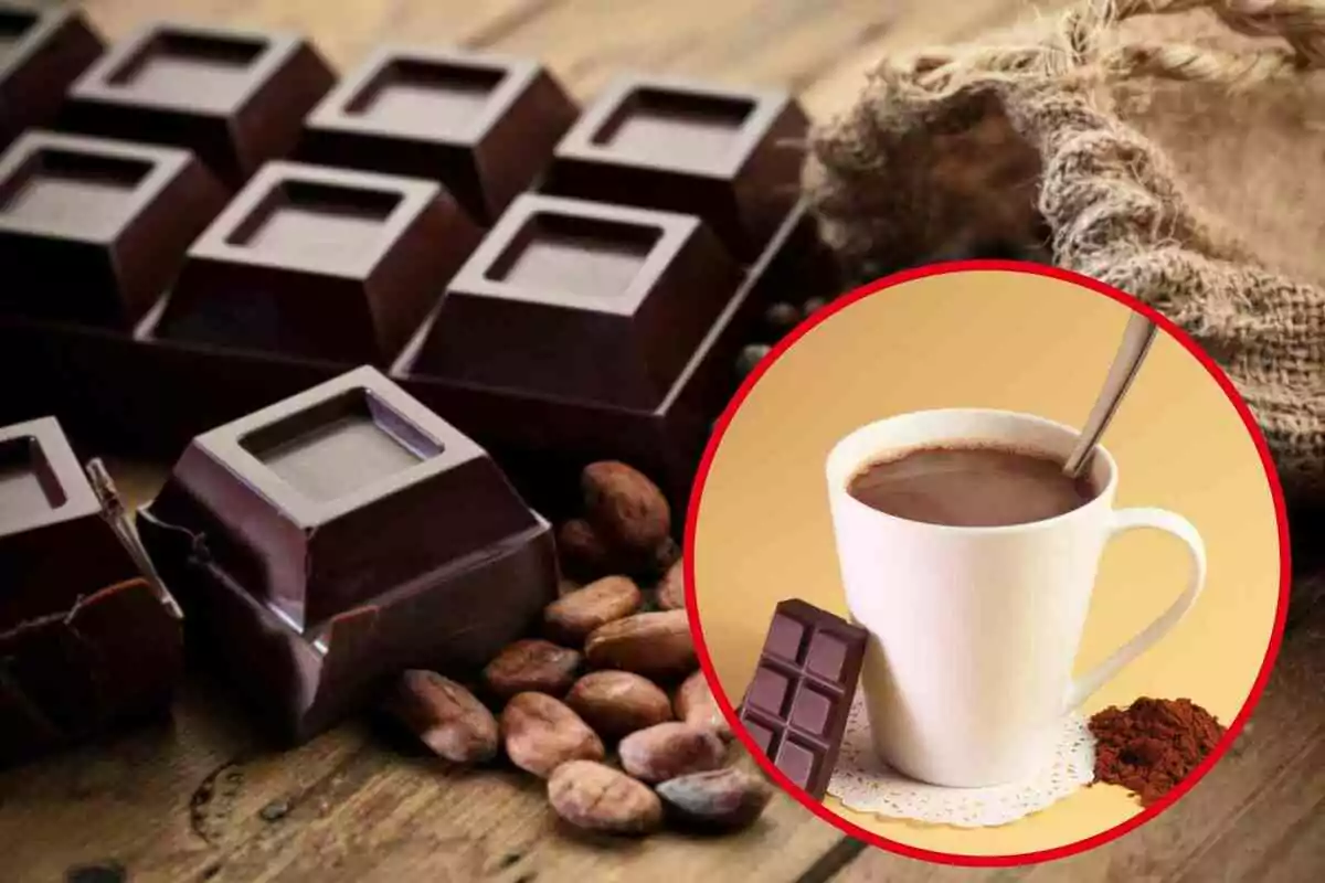 Una tableta de chocolate oscuro junto a granos de cacao y una taza de chocolate caliente. Una tableta de chocolate oscuro junto a granos de cacao y una taza de chocolate caliente.