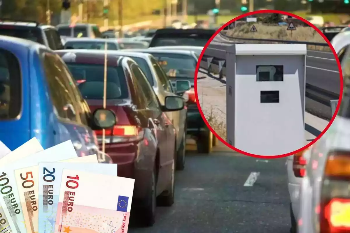 Fotomontaje con una imagen de coches en fila en una carretera y una redonda roja con un radar y billetes de euro