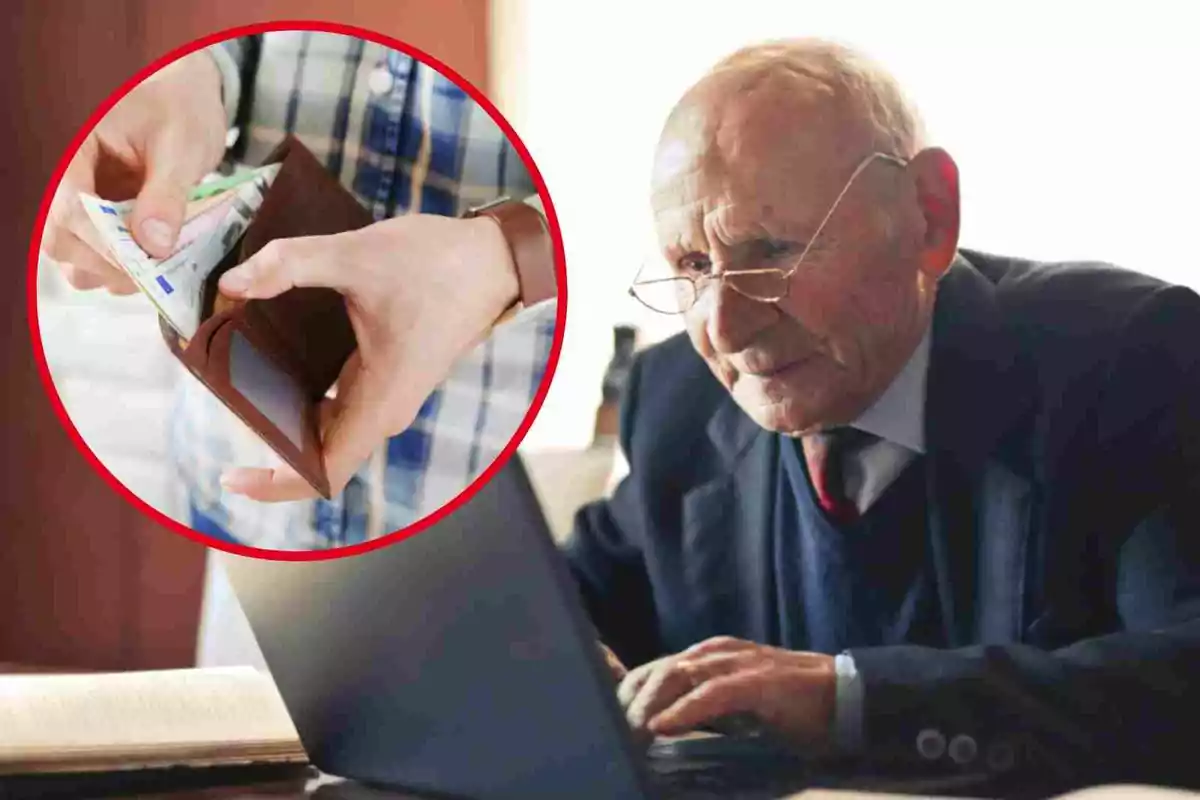 An older man using a laptop with an inset image of a hand taking money out of a wallet.