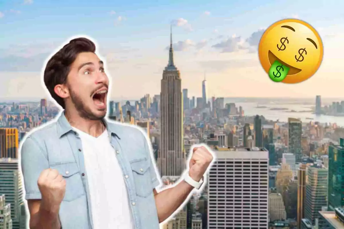 Hombre emocionado con fondo de Nueva York y emoji de dinero. Hombre emocionado con fondo de Nueva York y emoji de dinero.