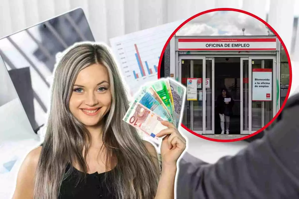 Una mujer sonriente sostiene billetes de euro frente a un ordenador, con una imagen circular de una oficina de empleo en la esquina superior derecha.