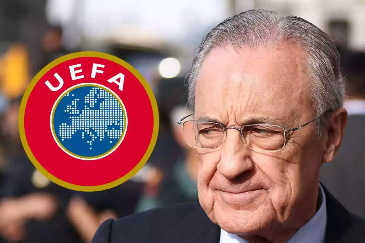 Montaje de Florentino Pérez mirando con cara extrañada el logo de la UEFA