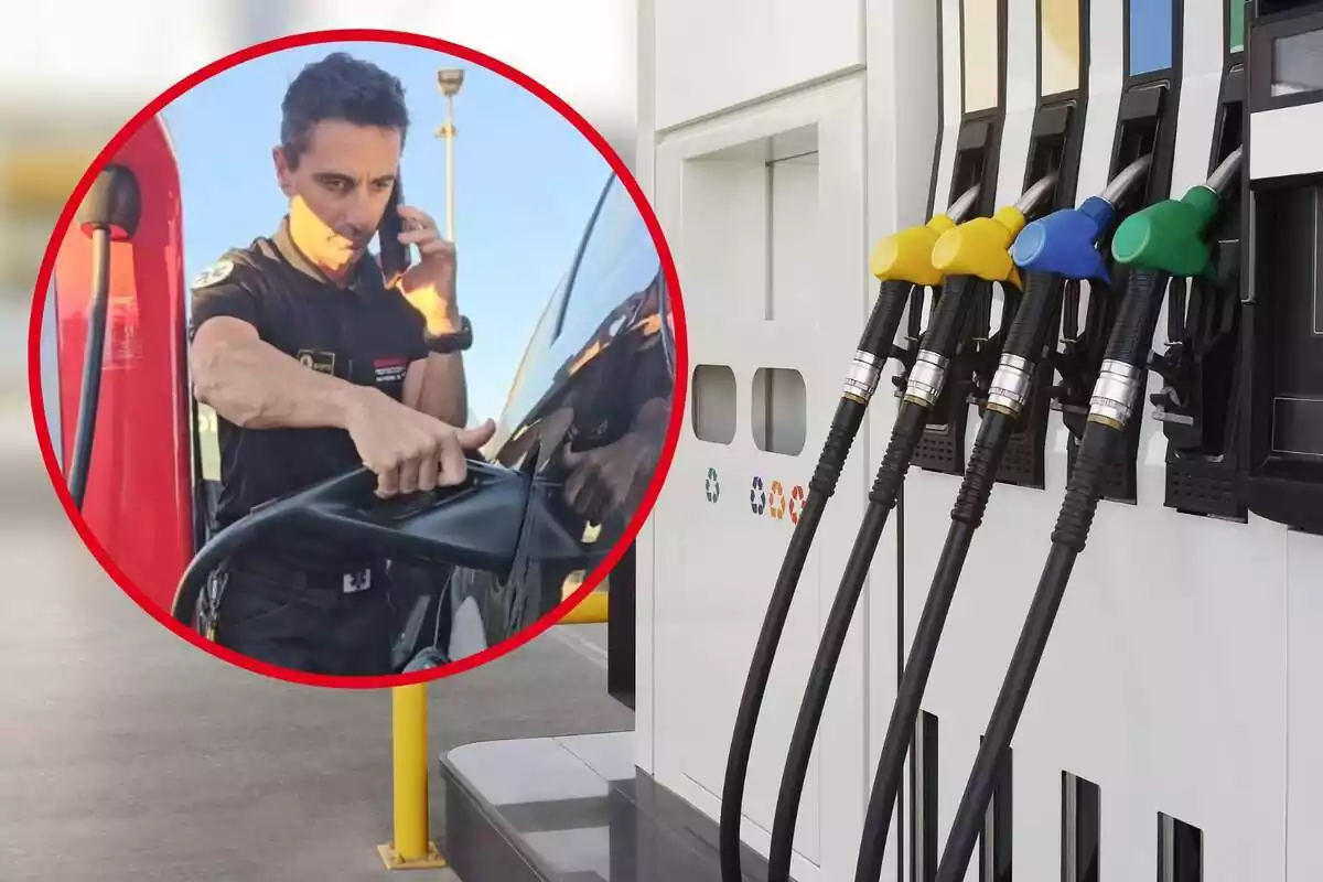 Imagen de fondo de una gasolinera en la que se ven varias mangueras y otra imagen de  un hombre poniendo gasolina hablando por el móvil a la vez