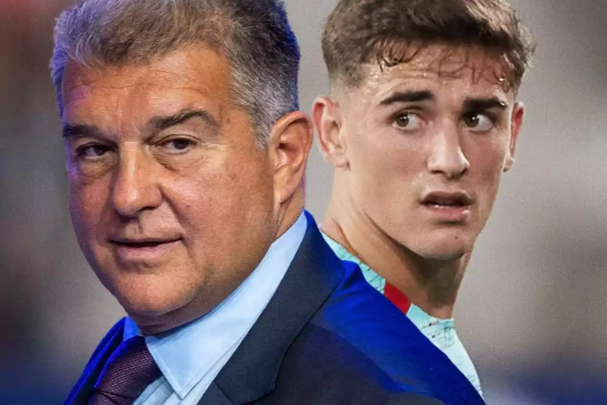 Joan Laporta y Gavi de espaldas el uno con el otro y ambos mirando a cámara de perfil