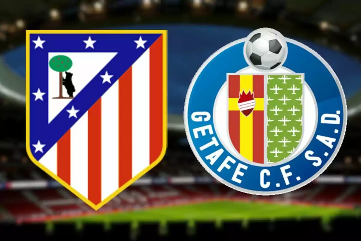 Escudos de los equipos de fútbol Atlético de Madrid y Getafe C.F. sobre un fondo de estadio.