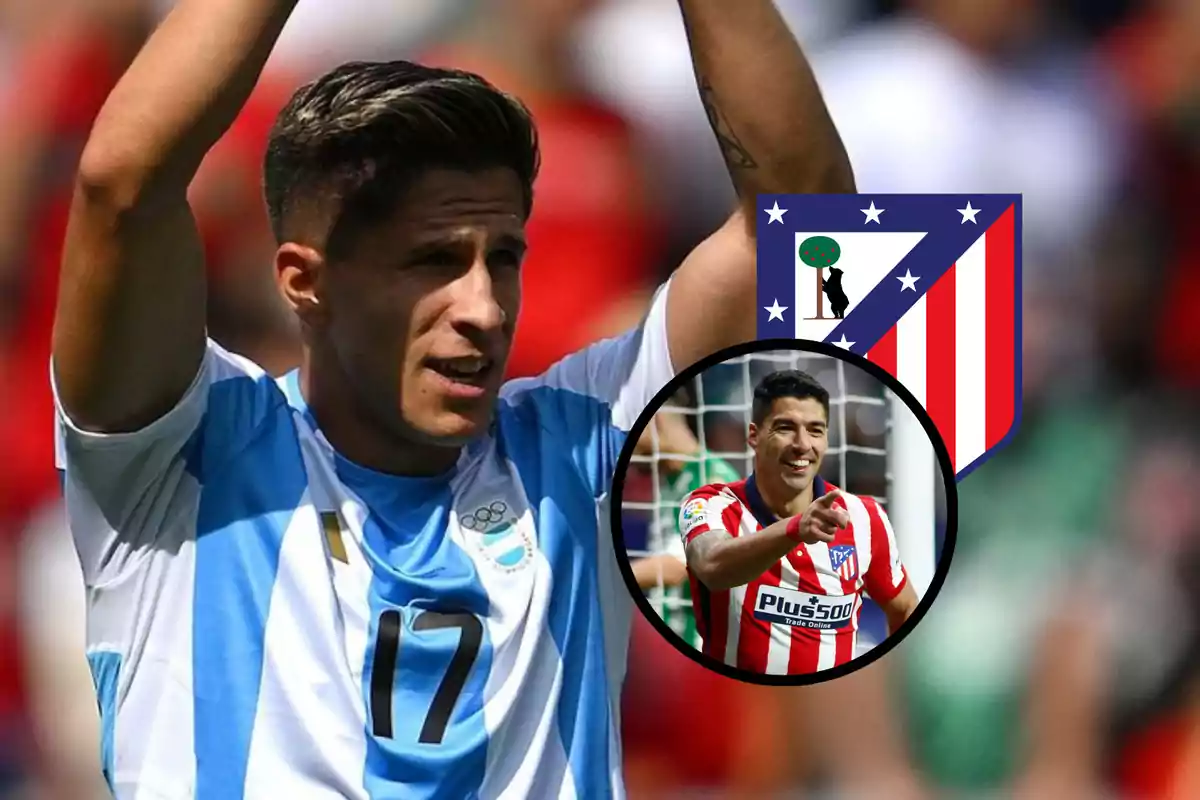 Un jugador de fútbol con la camiseta de Argentina levantando los brazos, con un escudo del Atlético de Madrid y una imagen de otro jugador del Atlético de Madrid en la esquina inferior derecha.