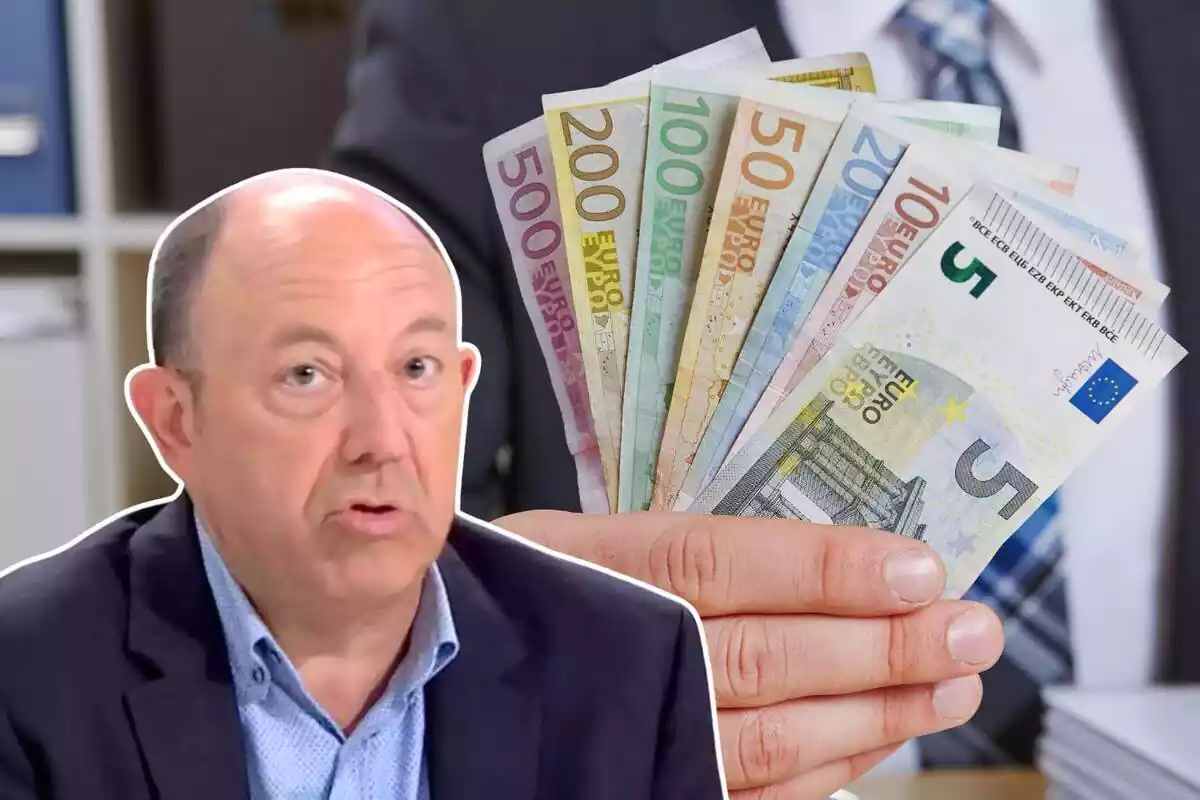 Imagen de fondo de una persona con varios billetes de euro en la mano y otra imagen de Gonzalo Bernardos en primer plano