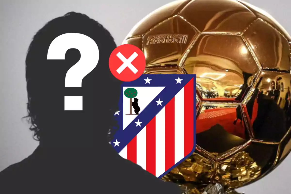 Silueta de una persona con un signo de interrogación, un balón de oro y el escudo del Atlético de Madrid.