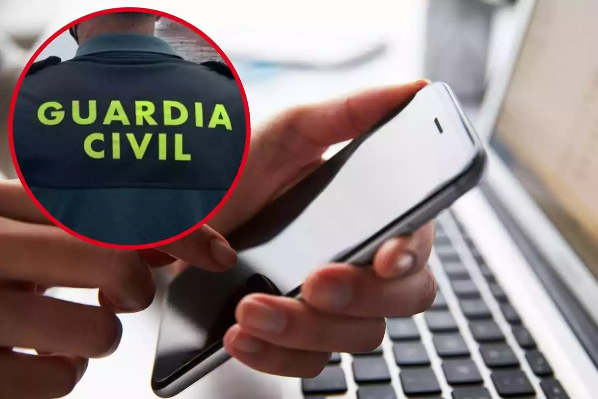 Imagen de fondo de una persona con un móvil en la mano y un portátil y otra imagen de un agente de la Guardia Civil de espaldas