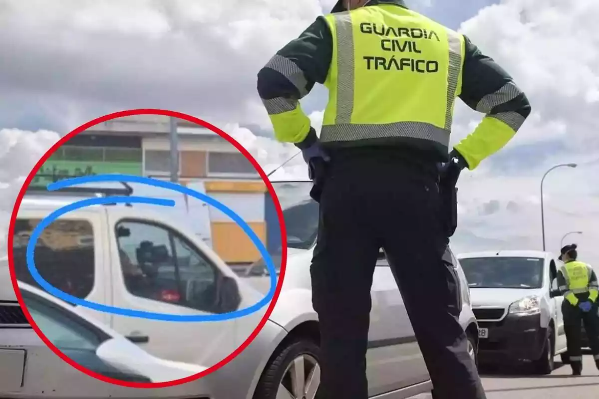 Imagen de fondo de varios agentes de la Guardia Civil de Tráfico en un control en la carretera con coches parados, y otra imagen de una furgoneta radar de la DGT con un círculo que señala al conductor de la misma