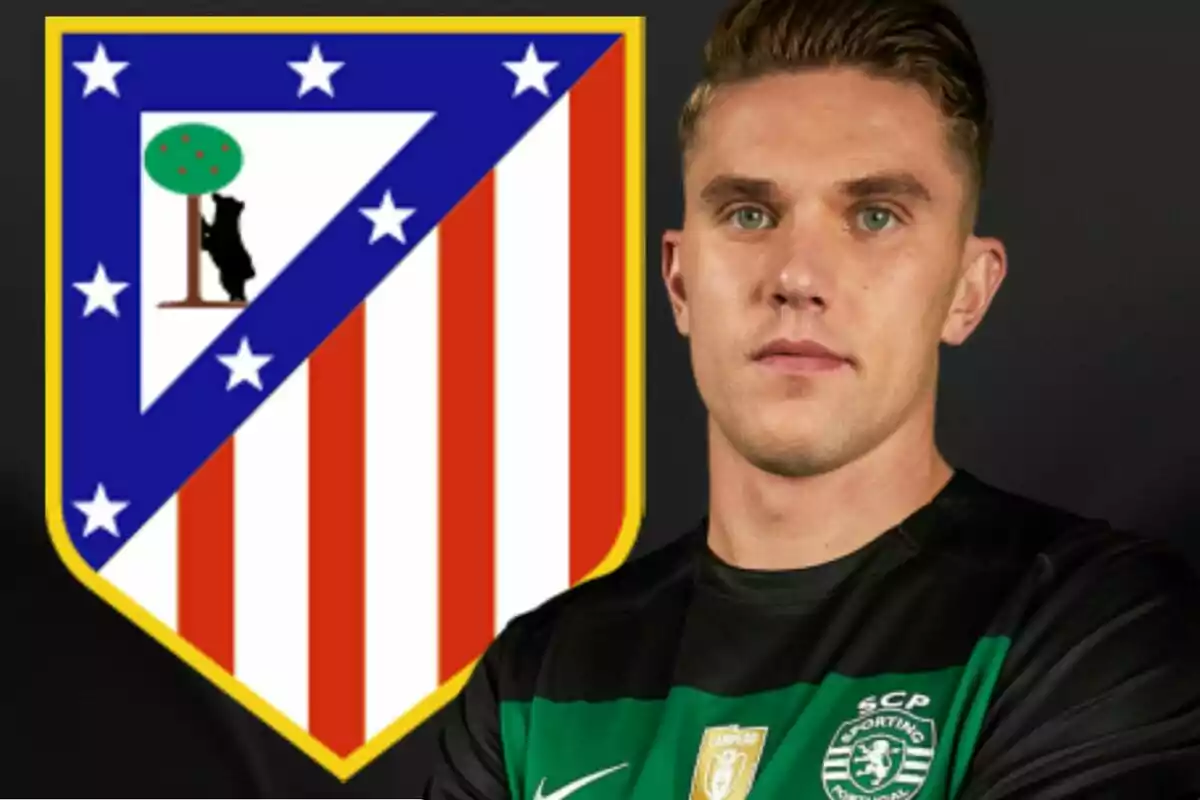 A player in a green and black jersey is in front of the Atlético de Madrid crest.