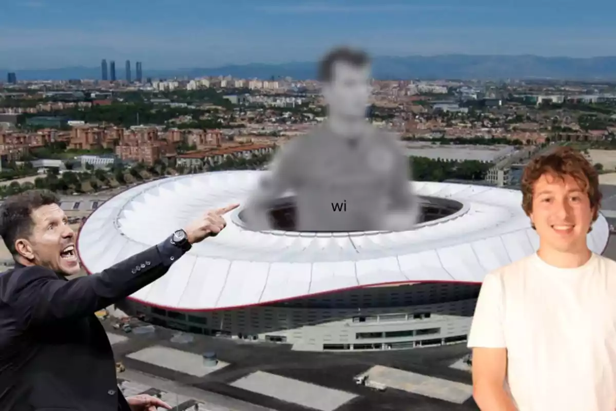 Un hombre señalando con el dedo hacia un estadio, con una figura borrosa en el centro del estadio y otro hombre sonriendo a la derecha.