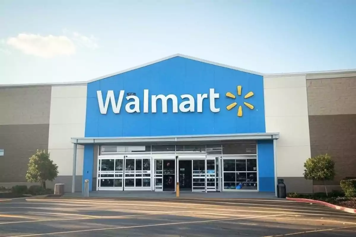 Fachada de una tienda con un letrero grande y azul, la cual es Walmart. Fachada de una tienda con un letrero grande y azul, la cual es Walmart.
