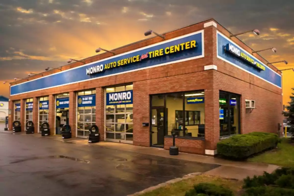 Monro automotive service shop with a brick facade and blue signs at sunset Monro automotive service shop with a brick facade and blue signs at sunset