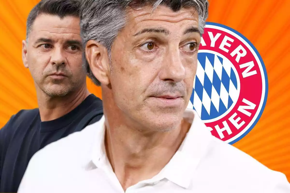 Imanol Alguacil y Míchel Sánchez miran hacia un costado sobre un fondo naranja y el escudo del Bayern de Múnich