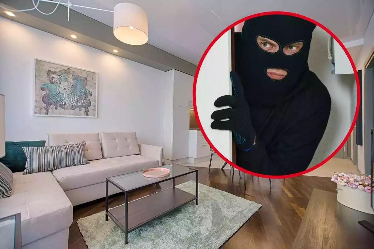 Montage with the interior of a house and a circle with a thief dressed in black clothes and his face covered