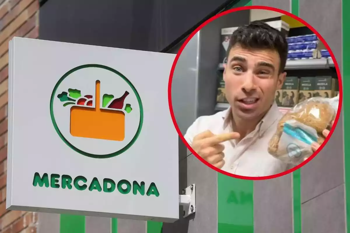 Imagen de fondo de un logo de una tienda Mercadona junto a otra imagen del nutricionista Jesús Buenavida con un pan en Mercadona