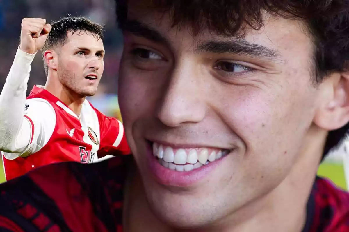 Joao Félix con una gran sonrisa mirando hacia Santiago Giménez, que celebra un gol