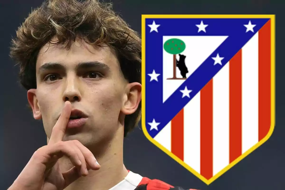 A player making a silence gesture with his finger in front of his lips next to the Atlético de Madrid crest.