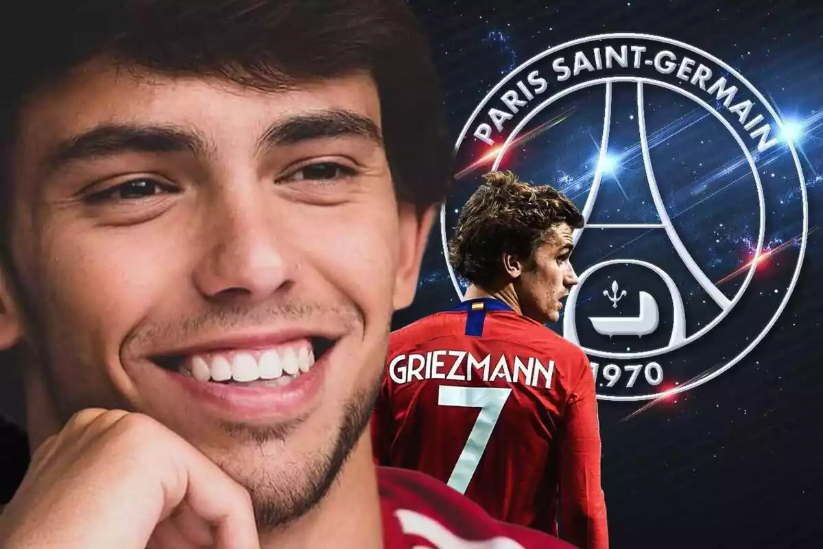 Joao Félix mirando al escudo del PSG con Griezmann de espaldas
