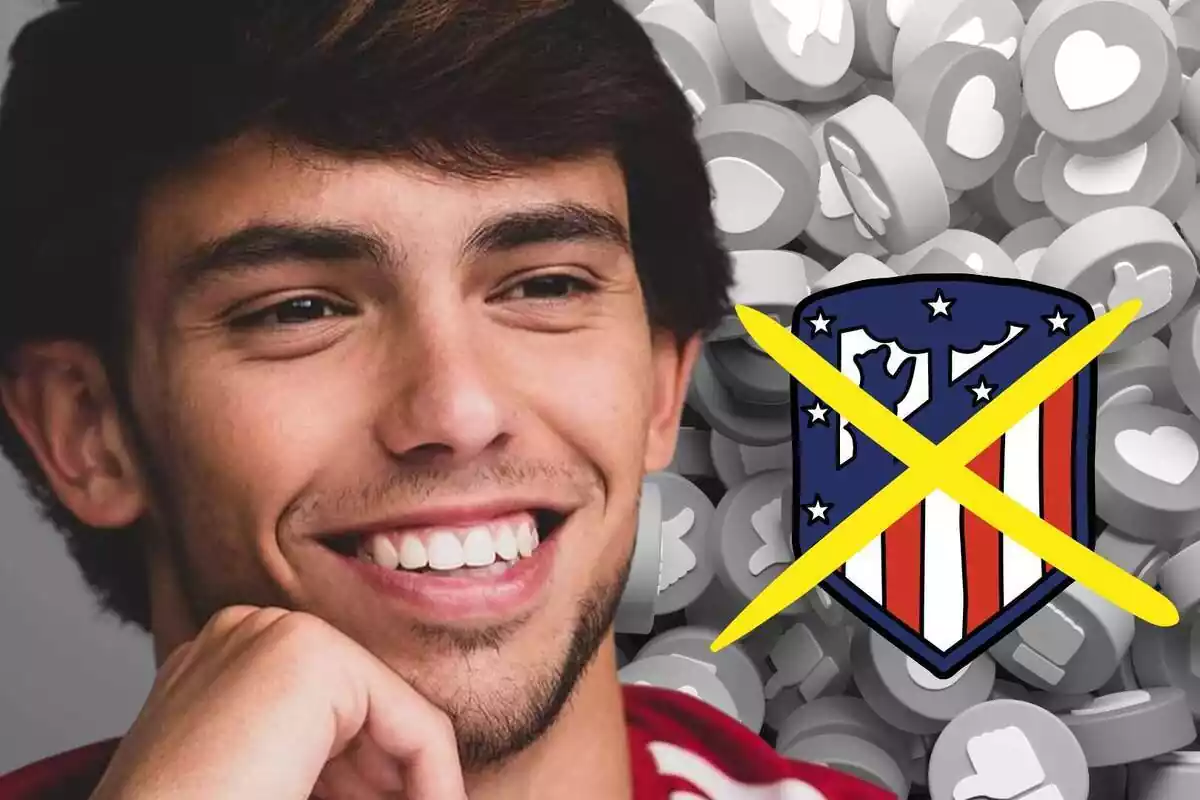 Joao Félix, feliz, con la mano en la barbilla junto a un escudo tachado del Atlético de Madrid
