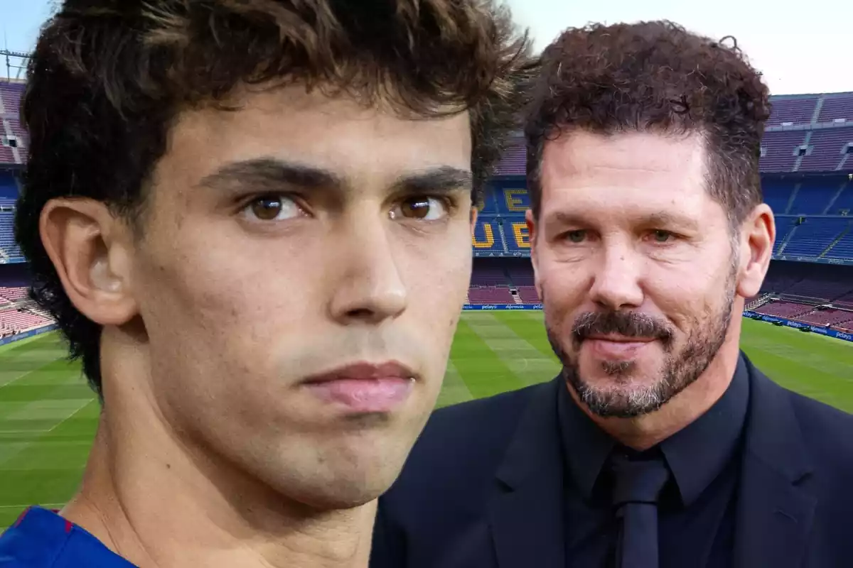 Joao Félix en primer plano con Simeone a su lado sobre una imagen del Camp Nou