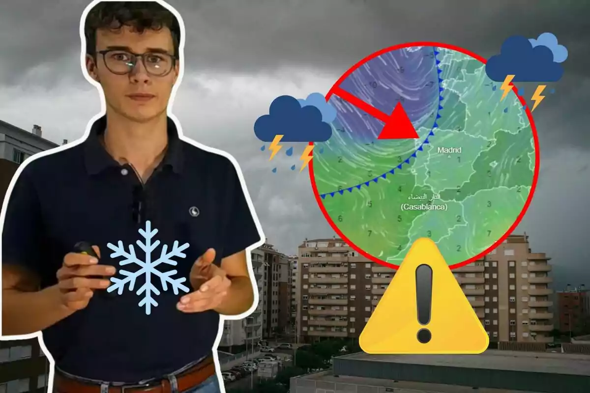 Un hombre con gafas y un símbolo de copo de nieve en su camisa está frente a un fondo de cielo nublado, junto a un gráfico meteorológico que muestra una advertencia de tormenta sobre Madrid.