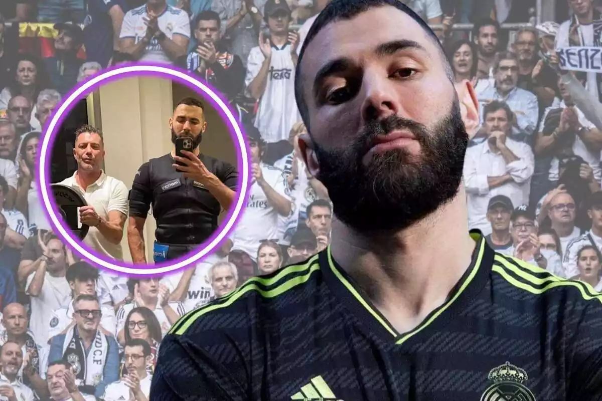 Karim Benzema mirando a cámara junto a una imagen con Javier Atalaya