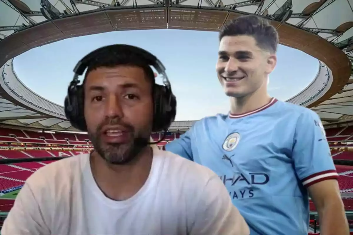 Dos personas en un estadio, una con auriculares y otra con una camiseta de fútbol.