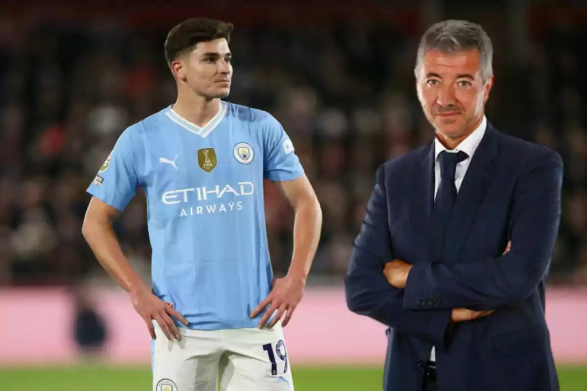 Un jugador de fútbol con el uniforme del Manchester City junto a un hombre de traje.