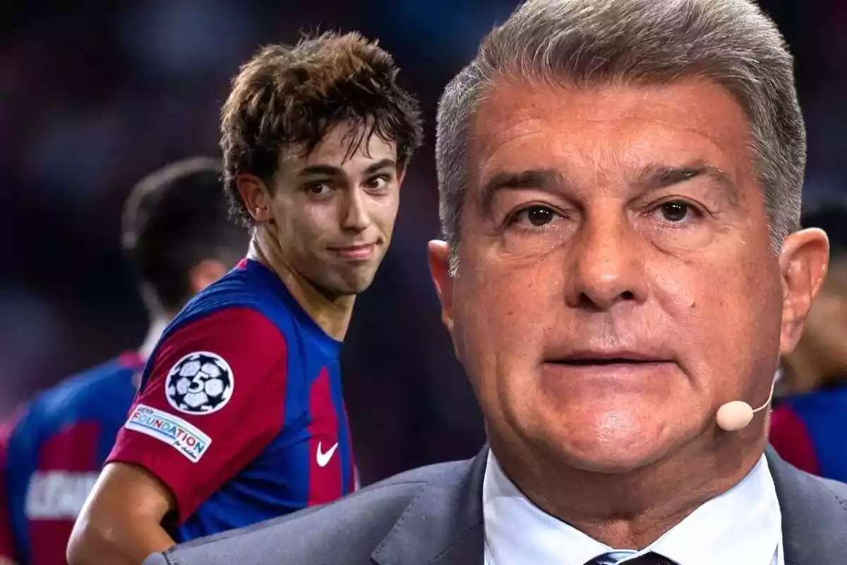 El presidente del Barça, Joan Laporta, en primer plano junto a una foto de Joao Félix.