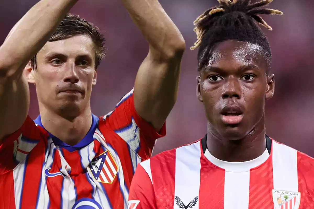 Dos jugadores de fútbol con uniformes de diferentes equipos, uno del Atlético de Madrid y otro del Athletic Club, en un campo de juego.