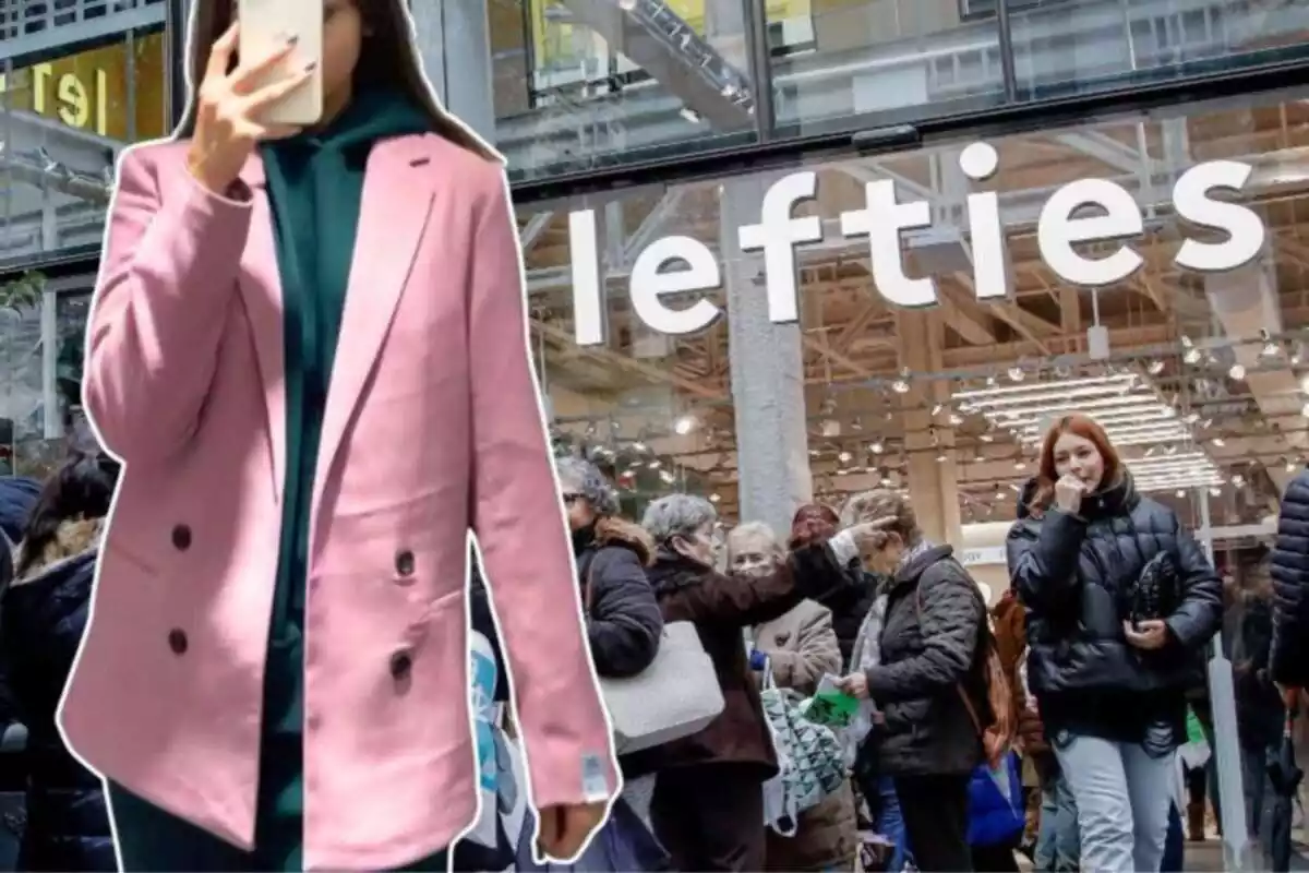 Imagen de fondo de una tienda Lefties y otra imagen de una persona posando con una blazer de la marca en color rosa