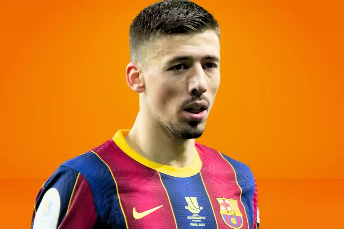 Football player wearing FC Barcelona shirt on an orange background.