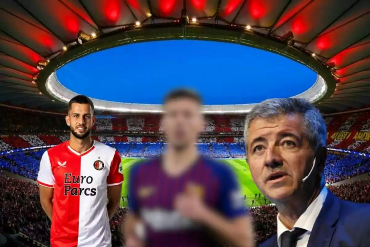 Tres personas en un estadio de fútbol, una con la camiseta del Feyenoord, otra con la camiseta del Barcelona desenfocada y un hombre con traje y micrófono.