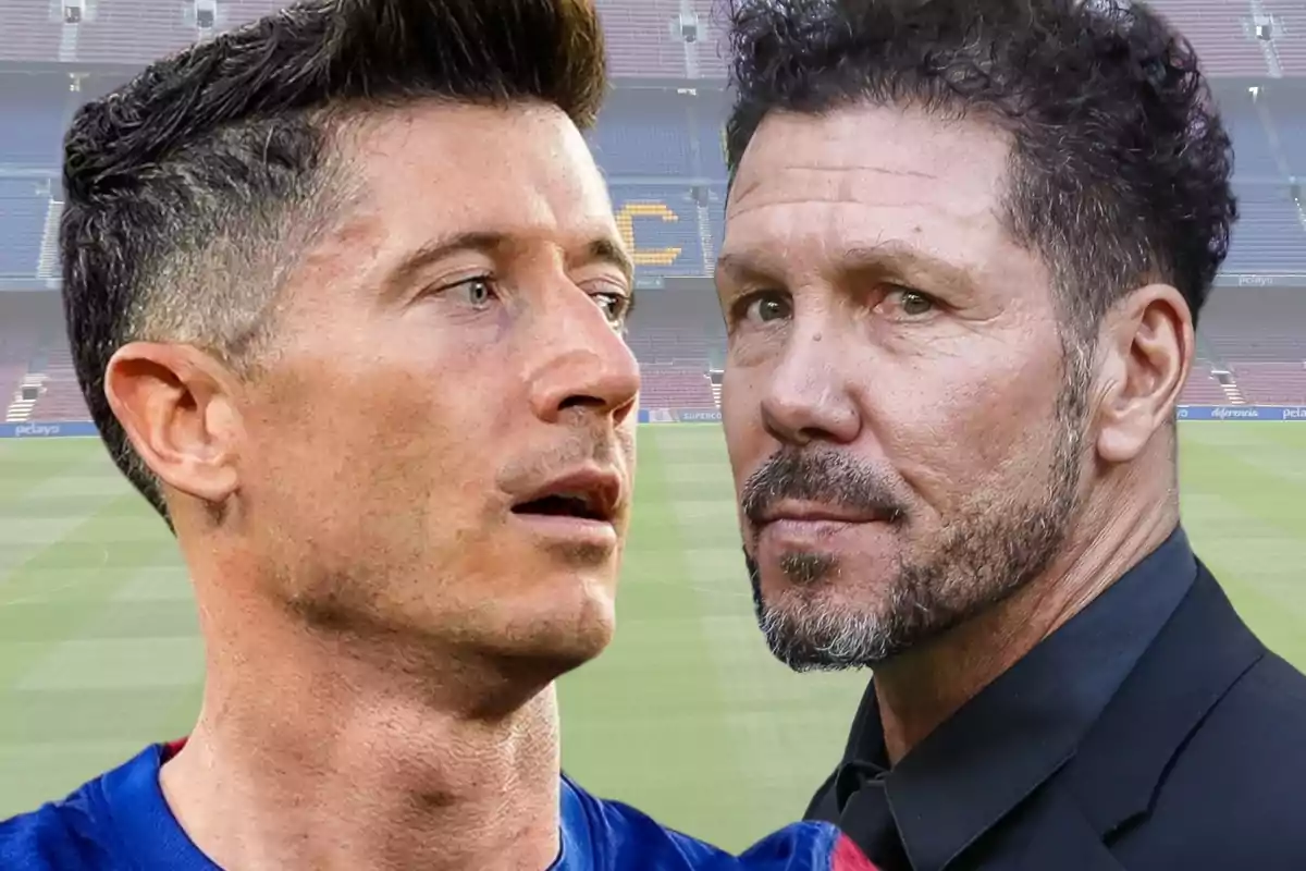 Robert Lewandowski y Simeone cara a cara sobre una imagen del Camp Nou