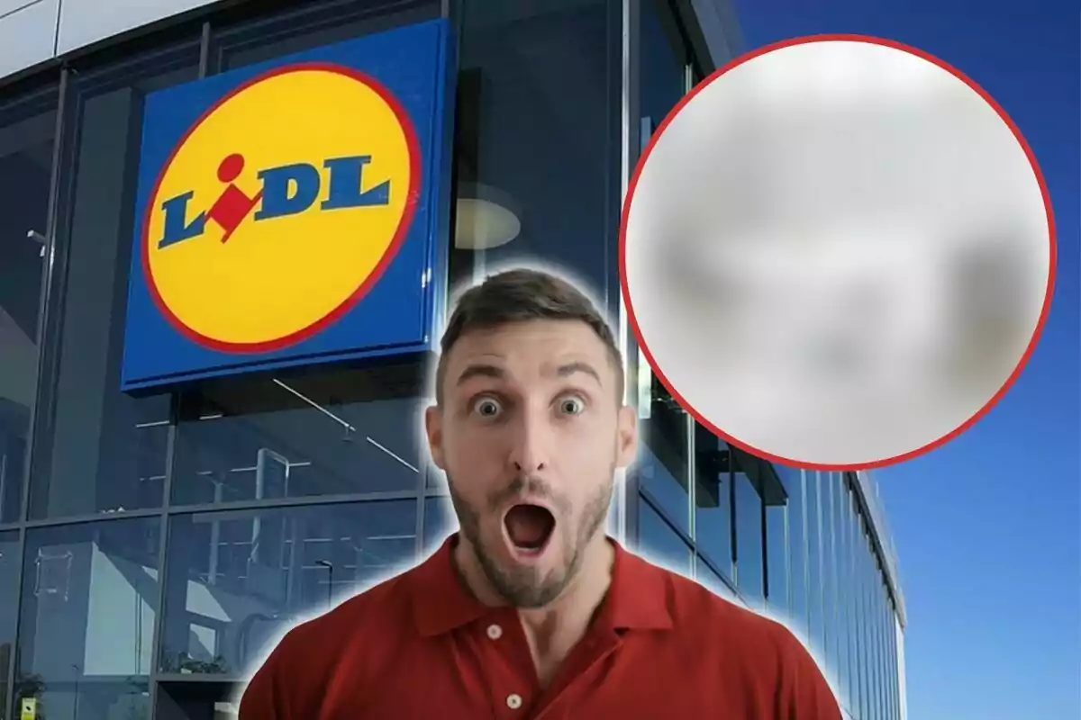 Un hombre sorprendido frente a una tienda Lidl con un círculo borroso en la esquina superior derecha.