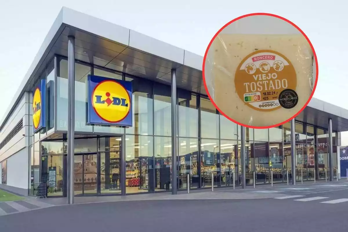 Montaje de imagen de supermercado Lidl con queso viejo tostado de la marca Roncero