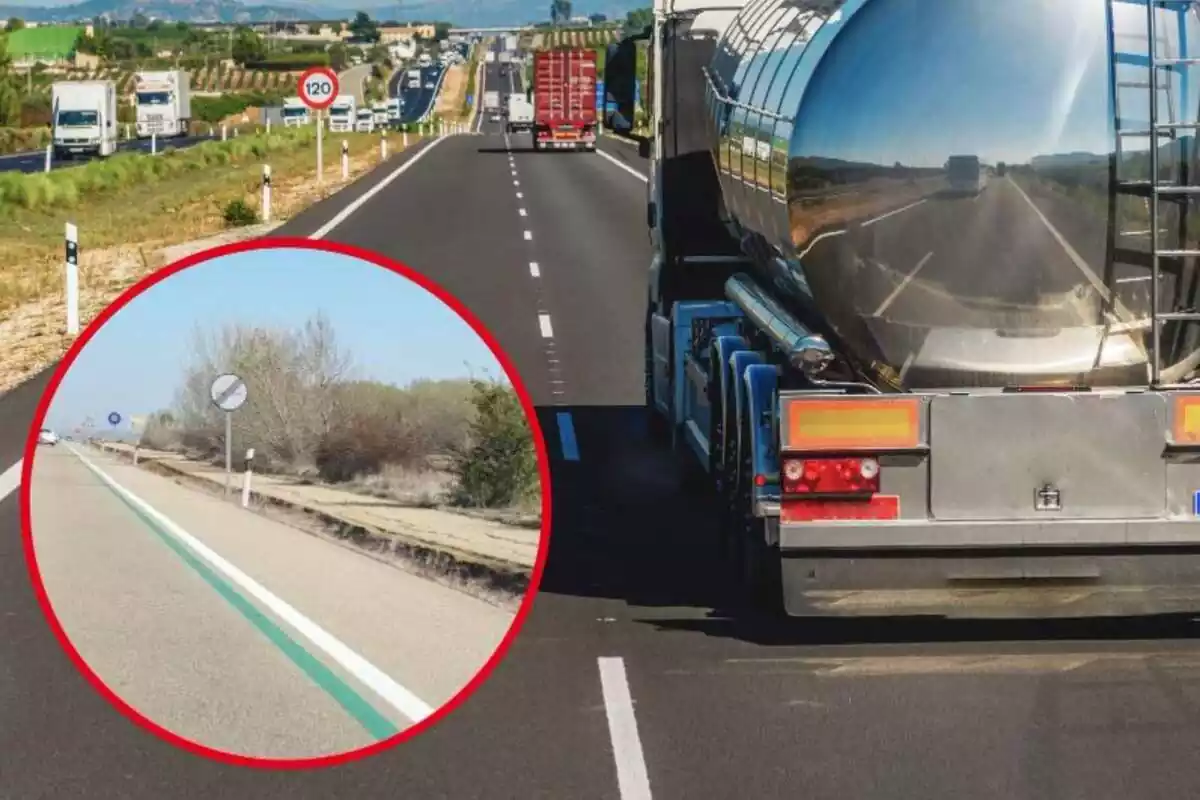 Imagen de fondo de varios camiones circulando por una carretera y otra imagen de una carretera con unas líneas verdes pintadas al lado de las blancas