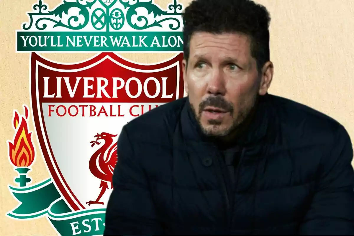 A man in a dark jacket appears in front of the Liverpool Football Club crest.