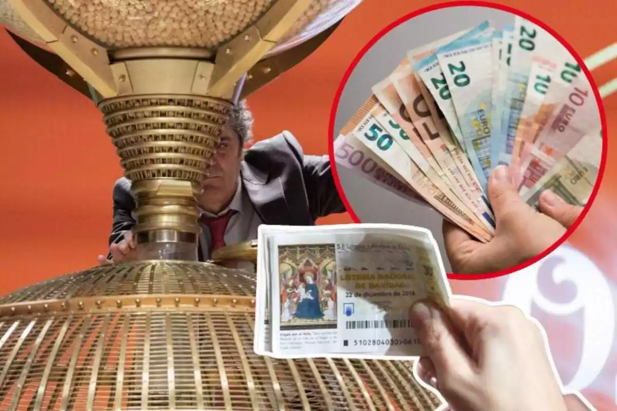 Imagen de fondo de un bombo de la Lotería de Navidad, junto a otras dos fotos, una de un décimo y otra de varios billetes de euro